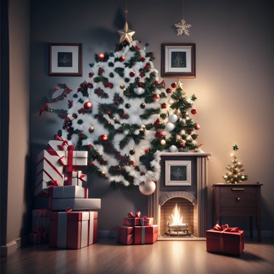 Christmas Tree Fireplace 3D Render QR Code for Greeting Cards