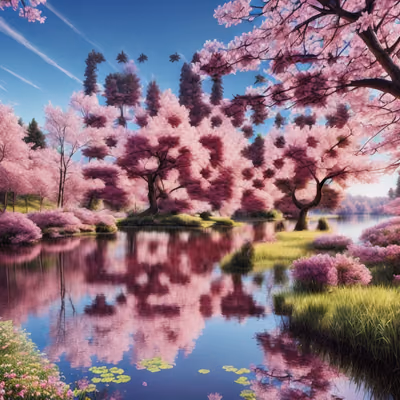 粉色樱花湖景二维码艺术 — 图片 1