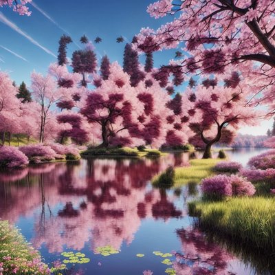 Pink Cherry Blossom Lake Landscape QR Code Art