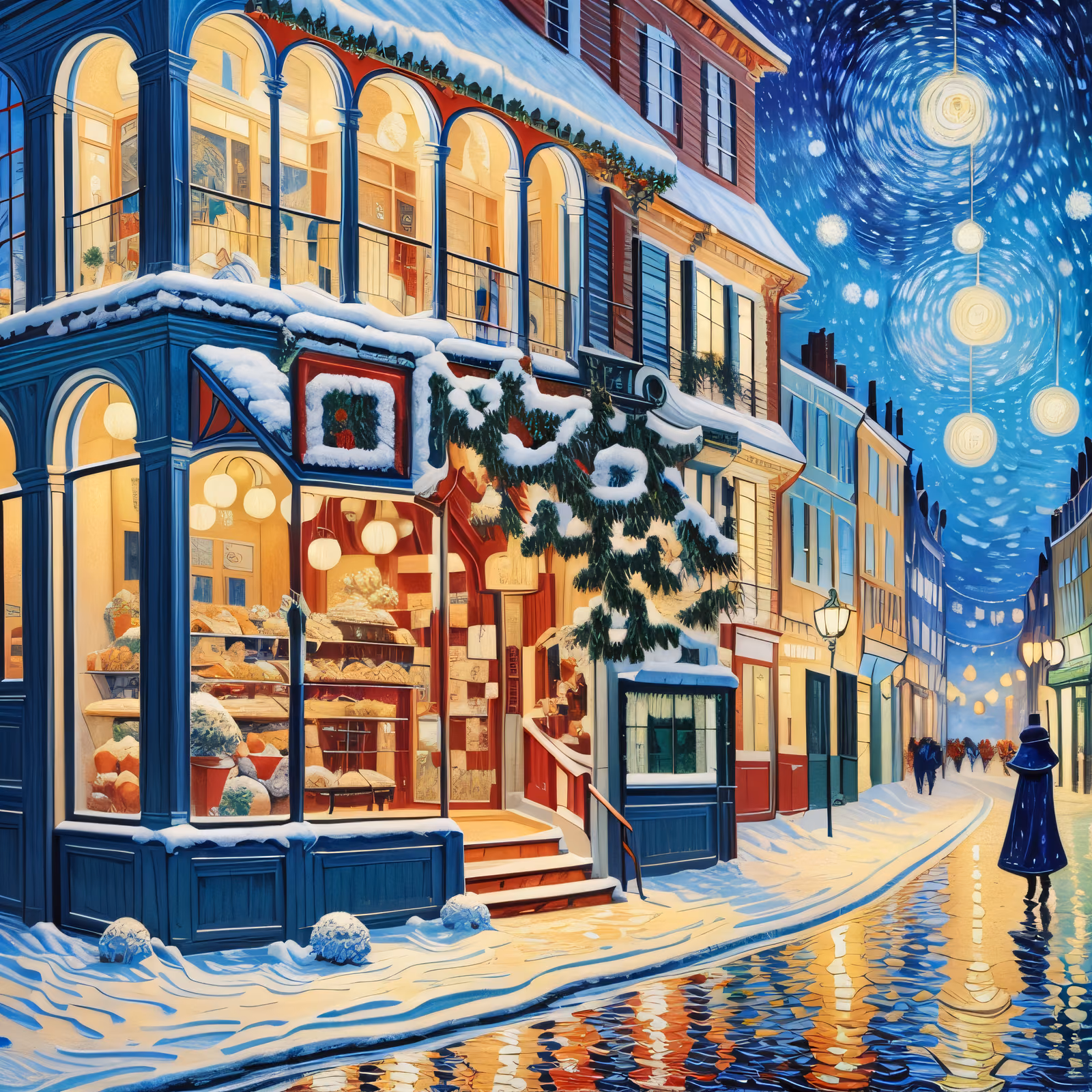 Snowy Christmas Bakery Street Painting QR Code for Greeting Cards — image 1