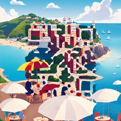 海边悬崖小镇矢量二维码艺术,适用于海报
