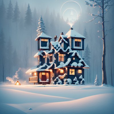 Дом в заснеженном лесу: QR-код в цифровой живописи для открыток
