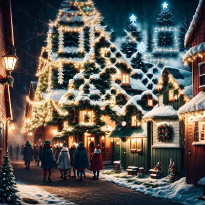 雪夜圣诞村庄绘画二维码艺术,适用于海报