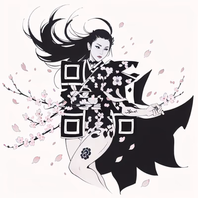 Samurai Woman Cherry Blossom Ink QR Code for Temporary Tattoos — image 1