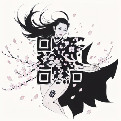 Samurai Woman Cherry Blossom Ink QR Code for Temporary Tattoos