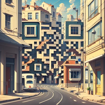 Sunlit City Street Cartoon QR Code Art