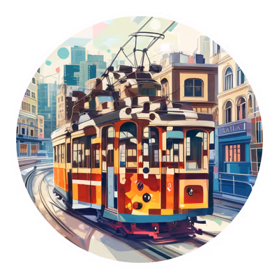 复古电车城市风光矢量二维码艺术,适用于贴纸 — 图片 1