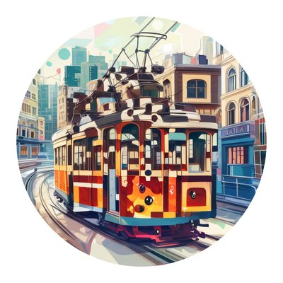 Vintage Tram Cityscape Vector QR Code for Stickers