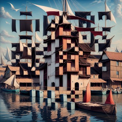 Floating Sail Town Surreal QR Code Art