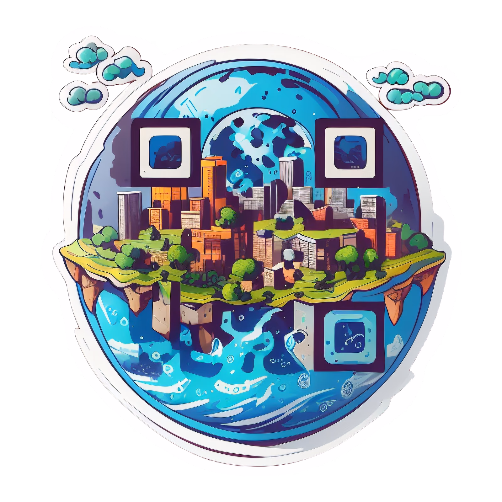 Floating City Globe Vector QR Code for Stickers — image 1