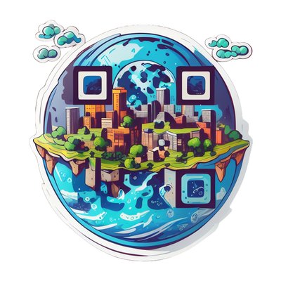 漂浮城市地球仪矢量二维码设计,适用于贴纸