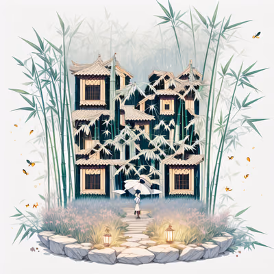 Бамбуковый дом в лесу в игровом стиле: QR-код — изображение 1