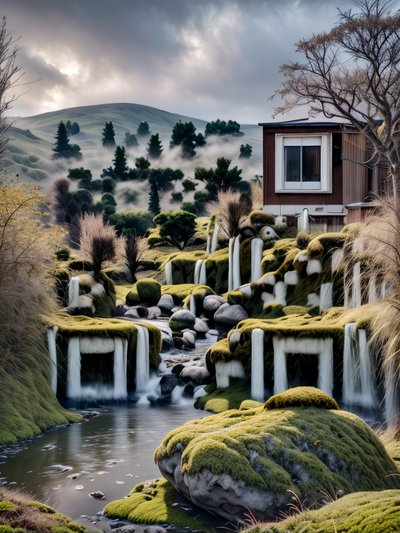 Mossy Rocks Misty Landscape Photo QR Code Art