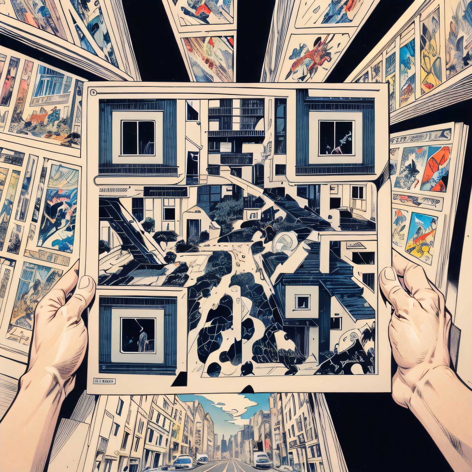 Страница комикса с городской улицей: QR-код тушью для постеров — изображение 1