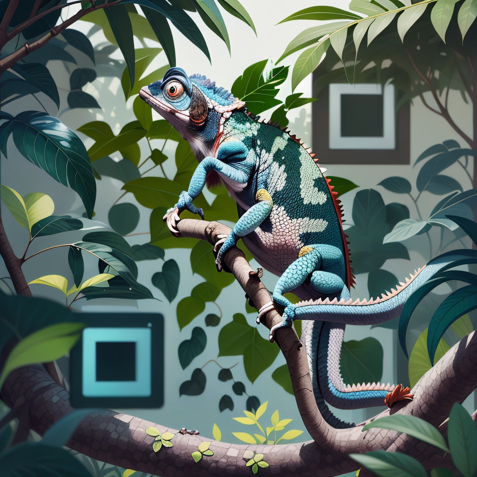 Хамелеон на ветке: QR-код в стиле цифровой живописи — изображение 1
