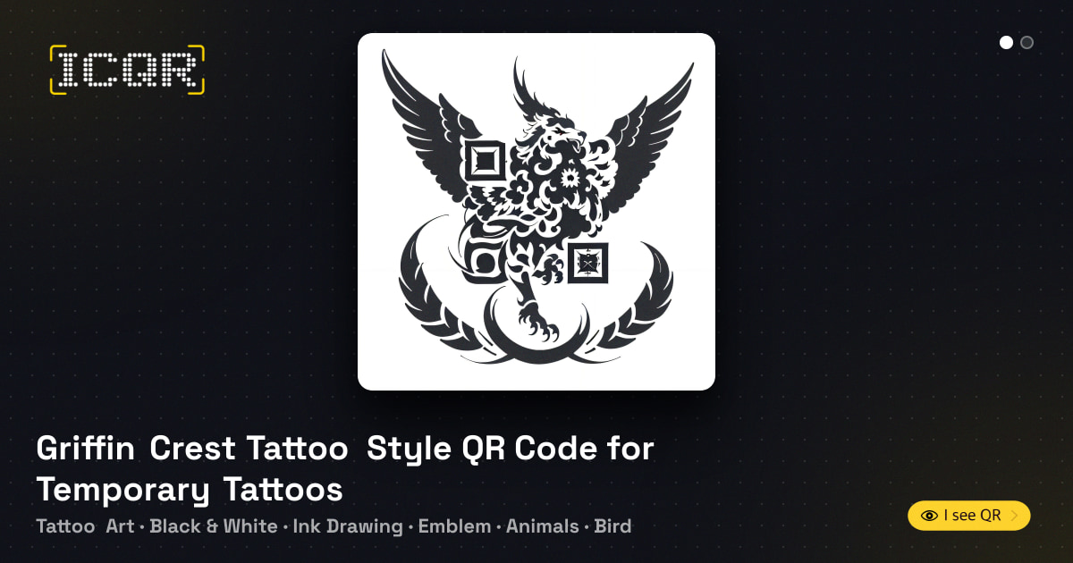 Griffin Crest Tattoo Style QR Code for Temporary Tattoos • ICQR