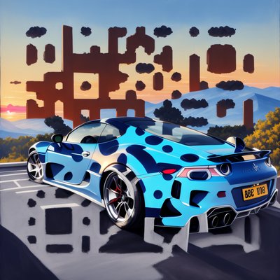 Синий спорткар на смотровой площадке на закате: QR-код арт