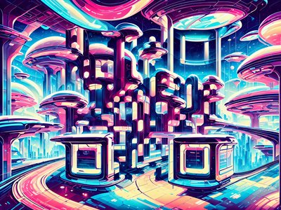 Футуристический город в стиле гуги: ретрофутуризм, QR-код для постеров