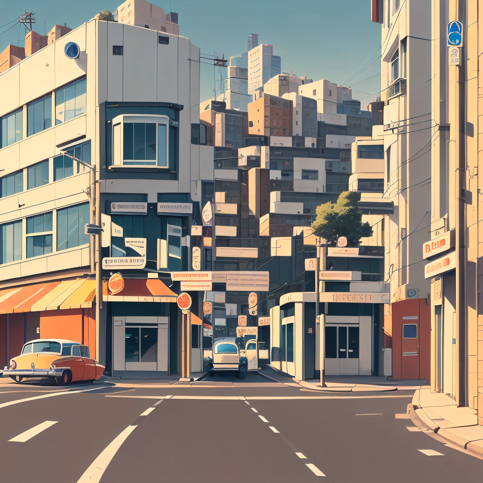 Sunlit City Street Cartoon Building QR Code Art — image 1