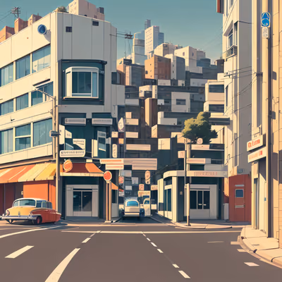 Sunlit City Street Cartoon Building QR Code Art — image 1