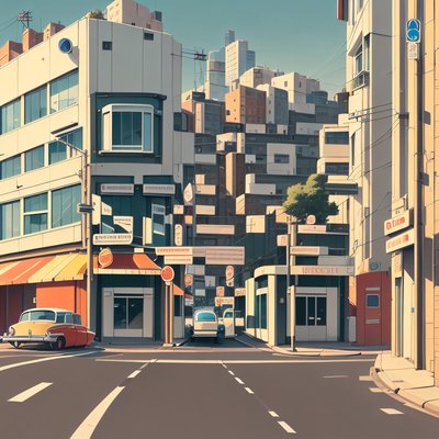 Sunlit City Street Cartoon Building QR Code Art