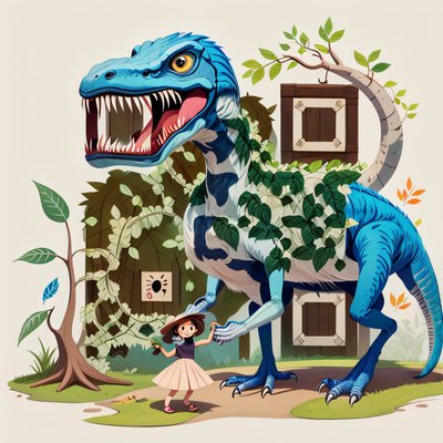 Blue Raptor and Girl Cartoon QR Code for Book Covers