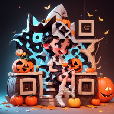 Chibi Witch Halloween Pumpkins QR Code for Posters