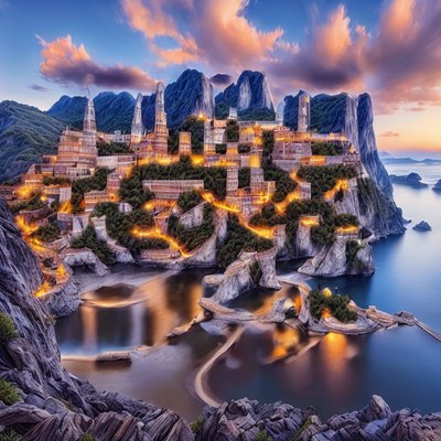 Coastal Cliff Town Sunset QR Code for Posters