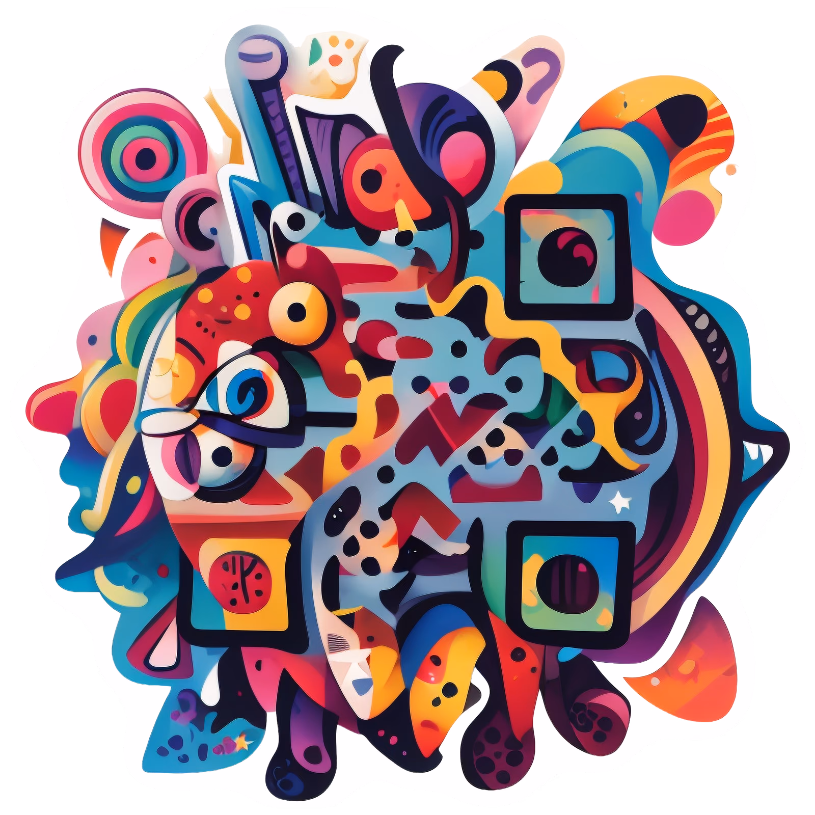 Яркий QR-код с абстрактными пятнами и глазами в векторном стиле для наклеек — изображение 1