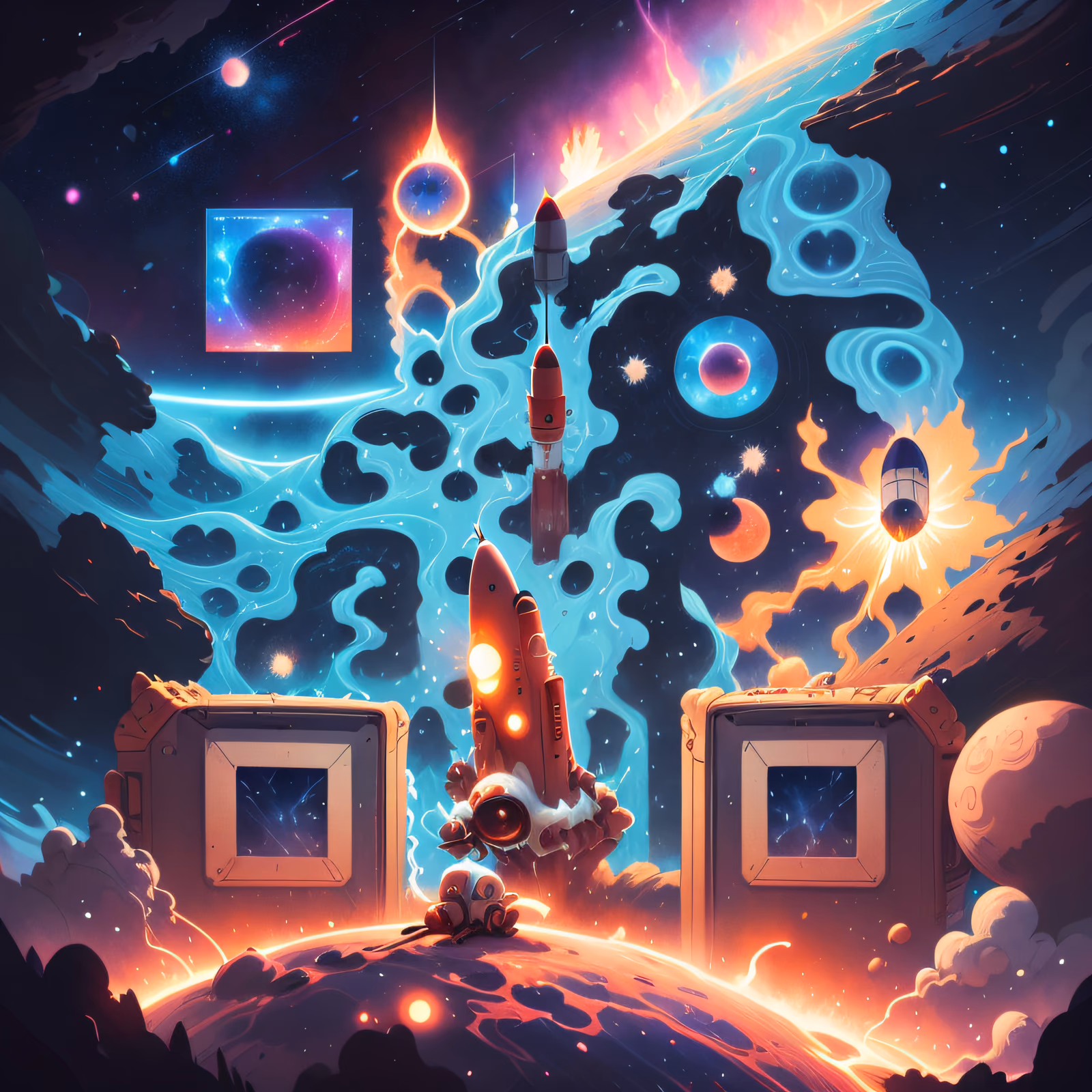 Мультяшная ракета и космический водопад: QR-код для постеров — изображение 1
