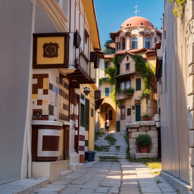 Greek Hillside Street Photorealistic QR Code for Posters