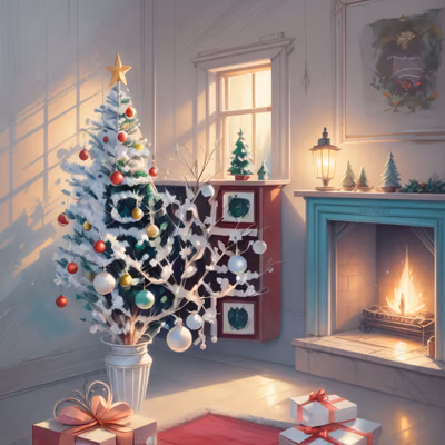 Cozy Christmas Tree Room Painting QR Code for Greeting Cards — image 1