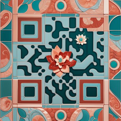 QR-код с лотосами на глазурованной плитке в кораллово-бирюзовых тонах