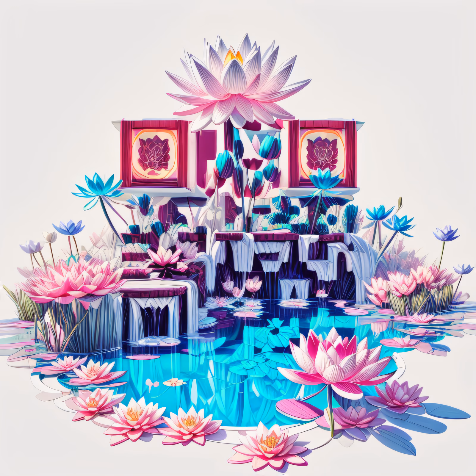 Пруд с лотосами и водопадом, 3D-рендер, QR-код — изображение 1
