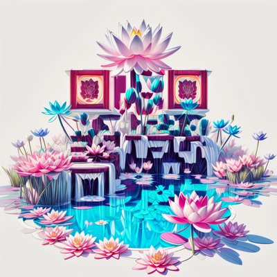 Пруд с лотосами и водопадом, 3D-рендер, QR-код