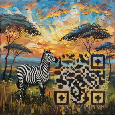 Zebra Savanna Sunset Oil Painting QR Code Art