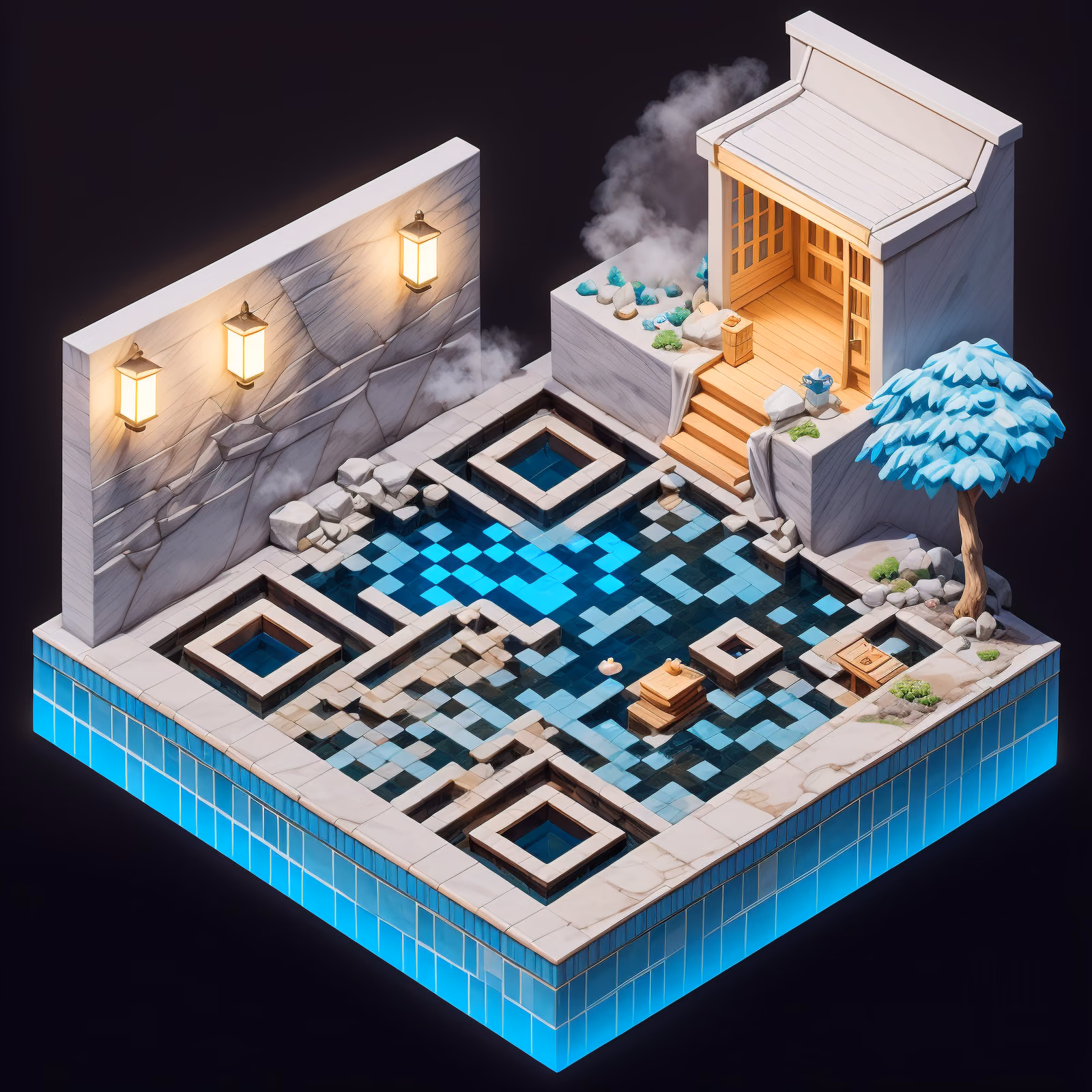 Isometric Hot Spring Inn Diorama QR Code for Signage — image 1