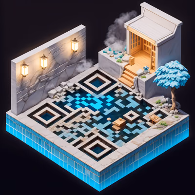Isometric Hot Spring Inn Diorama QR Code for Signage — image 1