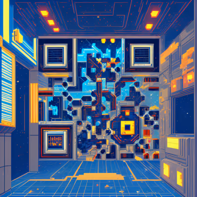 Коридор космической станции в пиксель-арте: QR-код для постеров — изображение 1