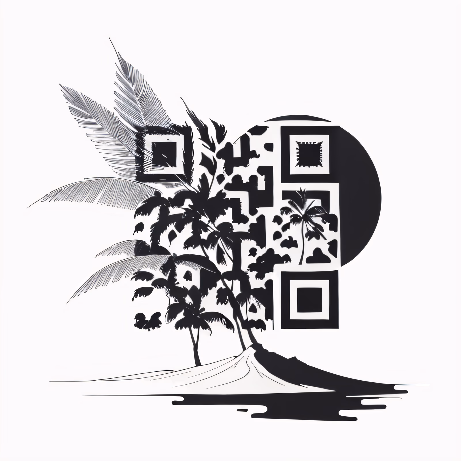 棕榈岛纹身墨水风二维码艺术，适用于临时纹身 — 图片 1