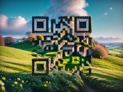 Руины замка на холме, пейзаж: QR-код