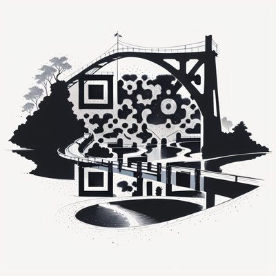 Арочный мост над ручьём в технике туши, QR-код для временных татуировок