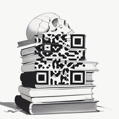 Skull on Old Books Ink QR Code for Temporary Tattoos