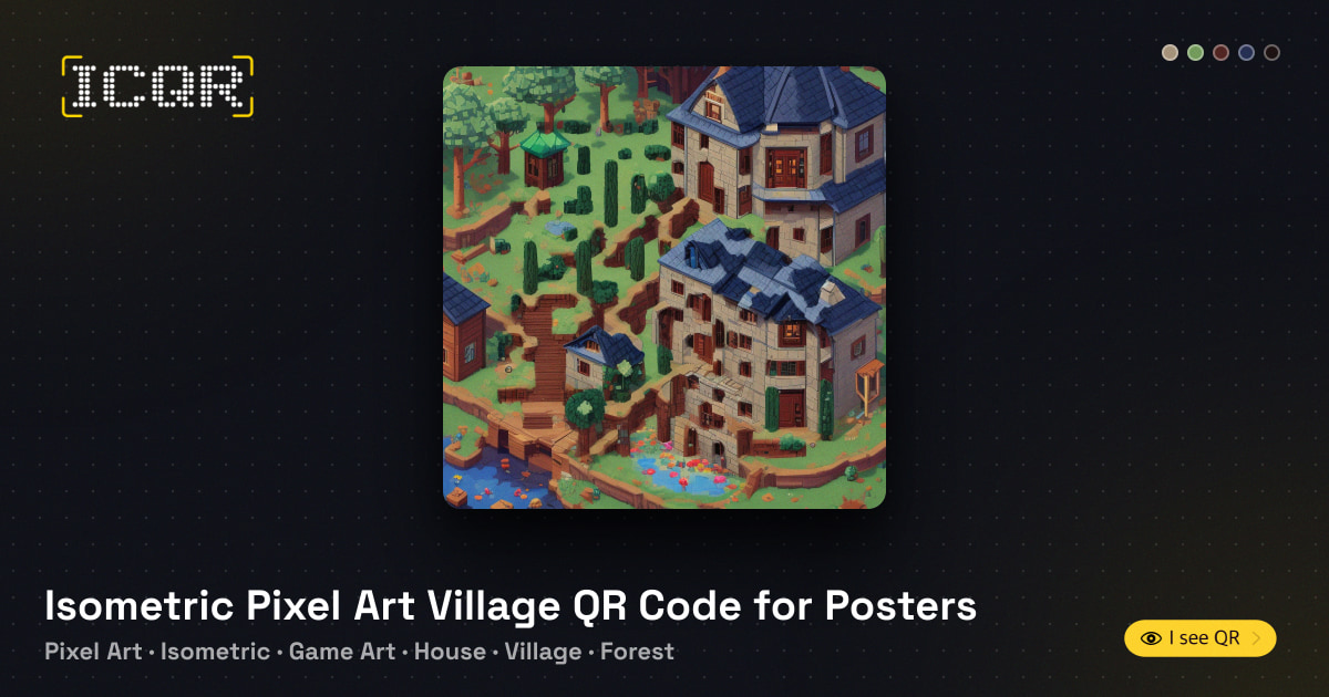Isometric Pixel Art Village QR Code for Posters • ICQR