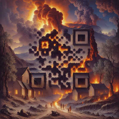 Volcanic Village Eruption Oil Painting QR Code Art — image 1