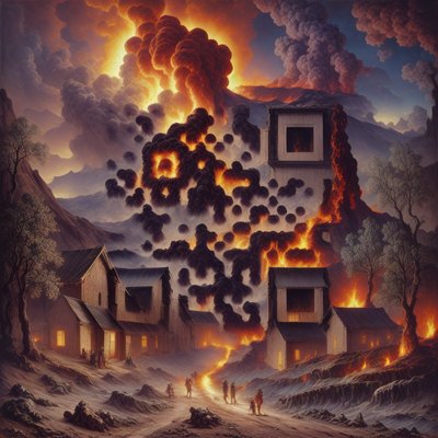 Volcanic Village Eruption Oil Painting QR Code Art