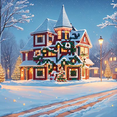 Snowy Christmas Victorian House Painting QR Code for Greeting Cards