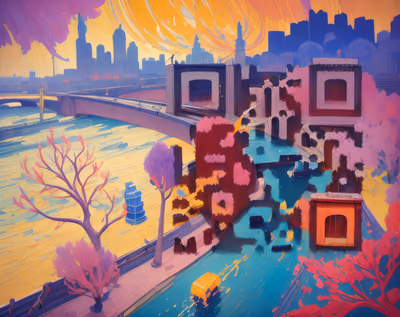 Фовистский городской пейзаж с рекой и мостом: QR-код — изображение 1