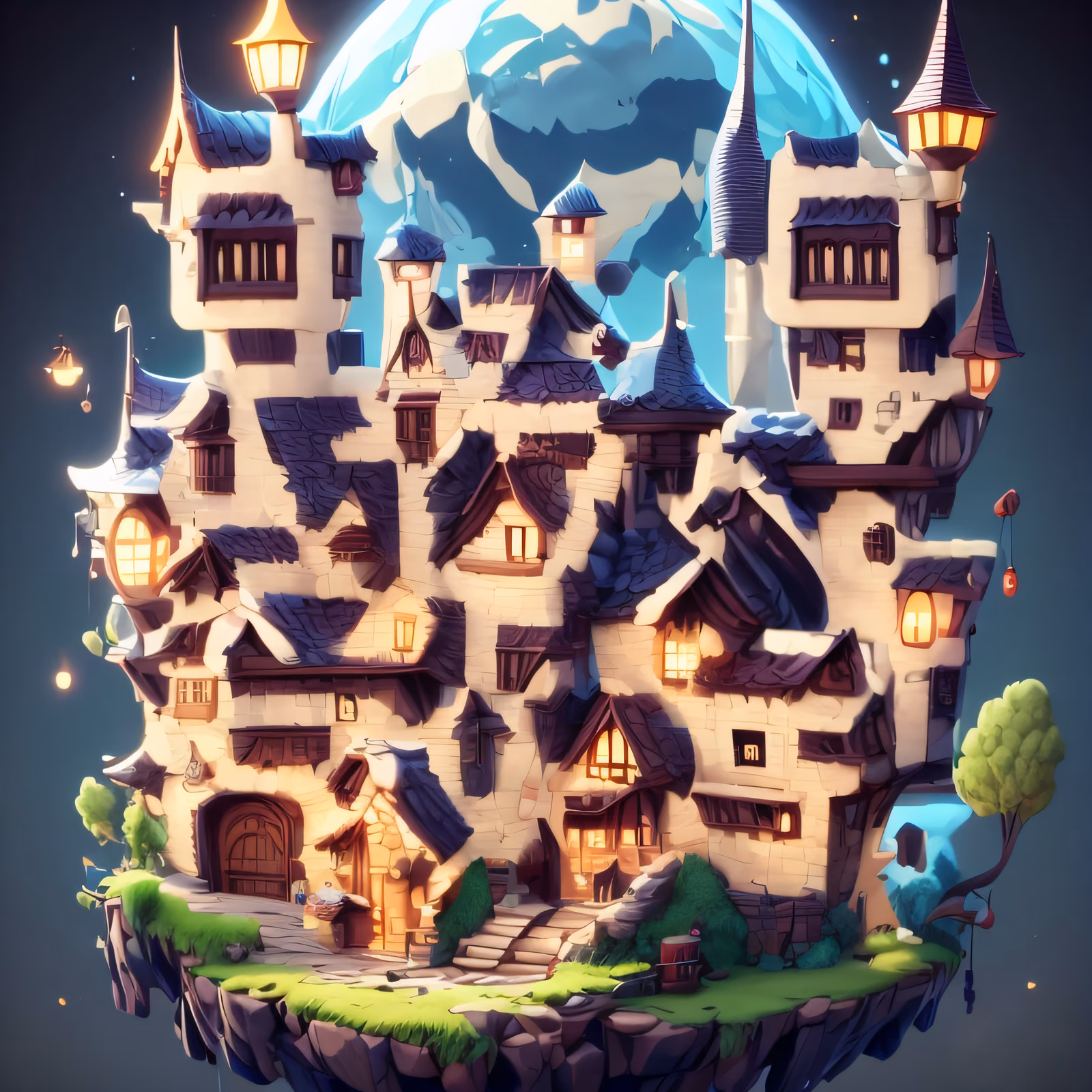 Floating Fantasy Village 3D Render QR Code for Posters — image 1