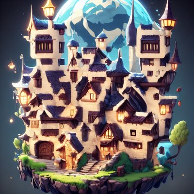 Floating Fantasy Village 3D Render QR Code for Posters